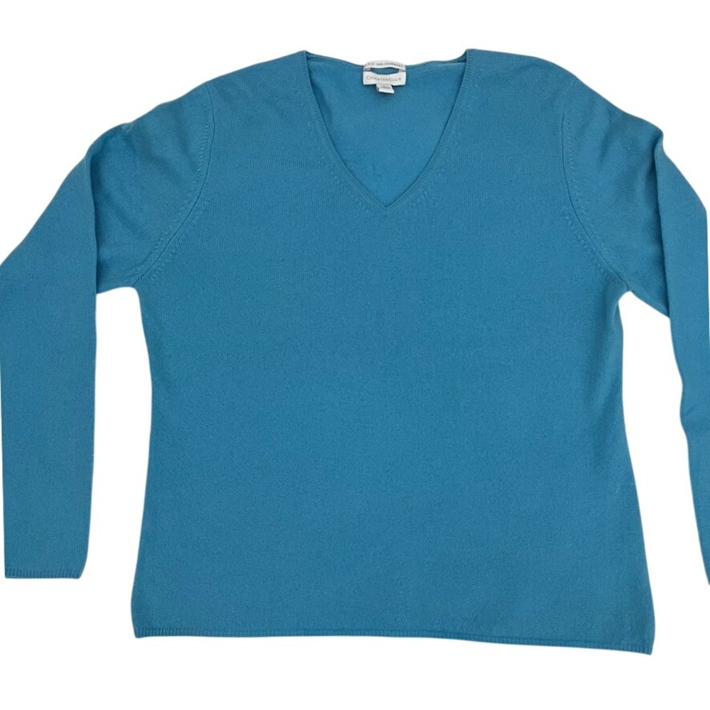 2 Ply 100% Cashmere Sweater L Turquoise Blue V Neck Lightweight Classic‎